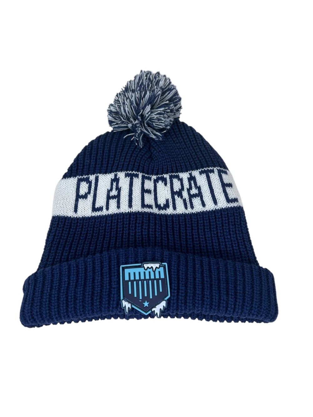 Plate Crate Frost Pom Beanie Navy Ice Blue Baseball Knit Winter Hat 2026